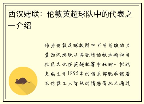 西汉姆联：伦敦英超球队中的代表之一介绍